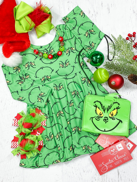 Custom ⚠ 3 MOQ Kids Girls Christmas Long Sleeve Green Dress