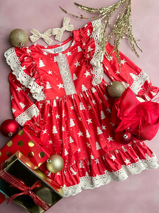 Custom ⚠ 3 MOQ Girls Christmas Tree Red Dress With Lace