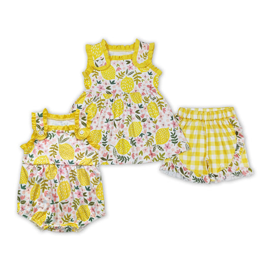Summer Sibling Flower Lemon baby Girls Outfit and Romper