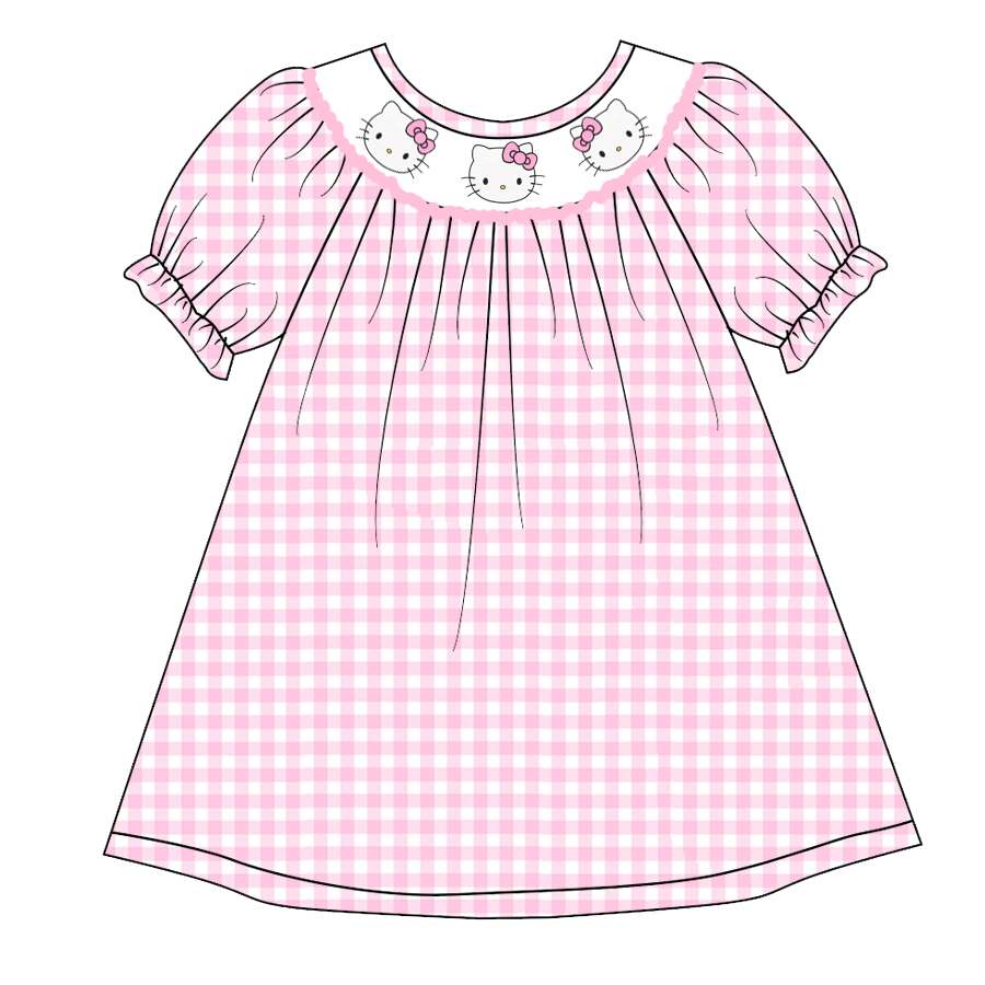 Baby Girls Cartoon Cat Pink Gingham Dress Preorder  3 MOQ