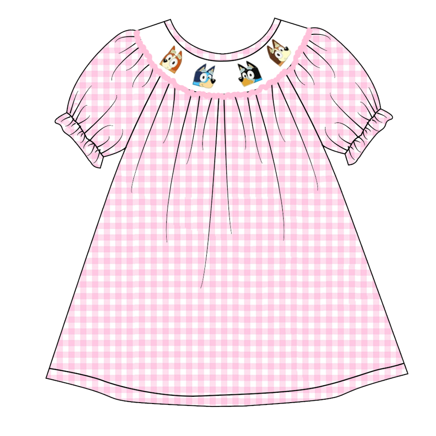 Baby Girls Cartoon Dog Pink Gingham Dress Preorder  3 MOQ