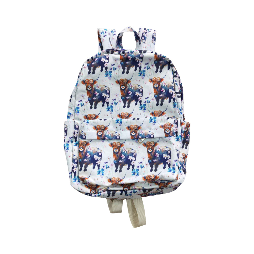 BA0078  Kids Girls Highland Cow Flower Backpack Bag