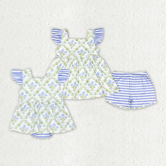 Baby Girls  Blue Flower Sibling Outfit and Romper