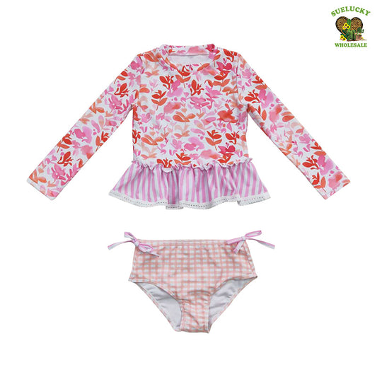 Baby Girls Long Sleeve Leaf Pring two pieces swimsuits
