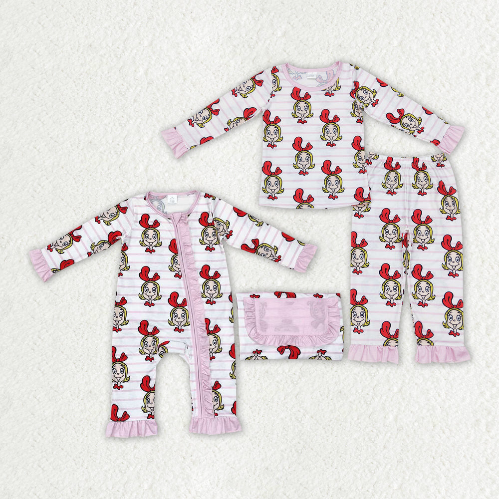 Baby Girls Sibling Christmas Pink Cartoon Bamboo Pajama and Romper