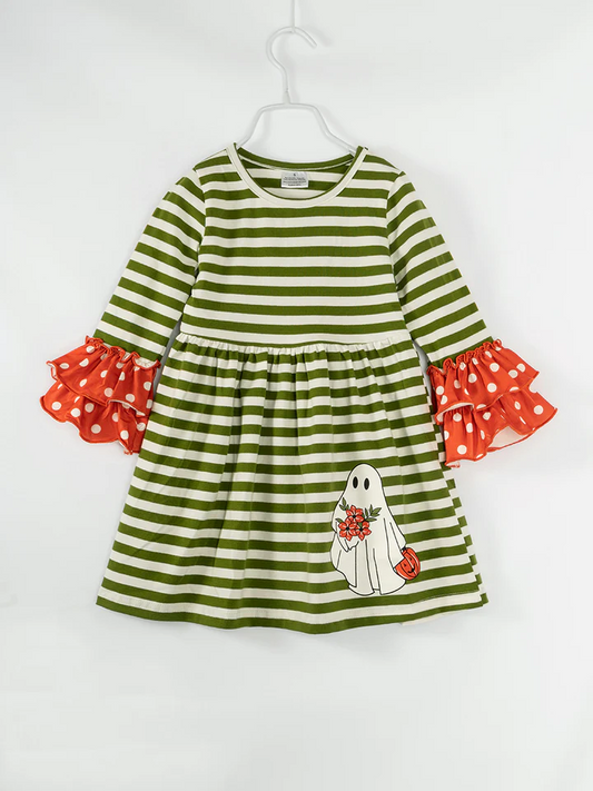 Baby Girls  Green Striped Gohst Long Sleeve Dress Preorder 3 MOQ