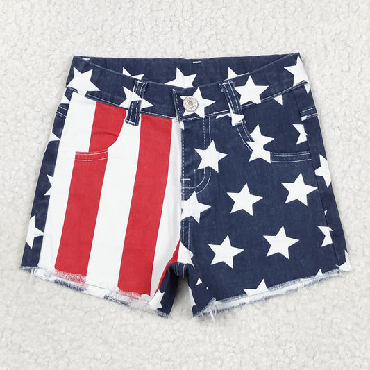 SS0168 July 4th Baby Girls Blue Red Color Denim Shorts