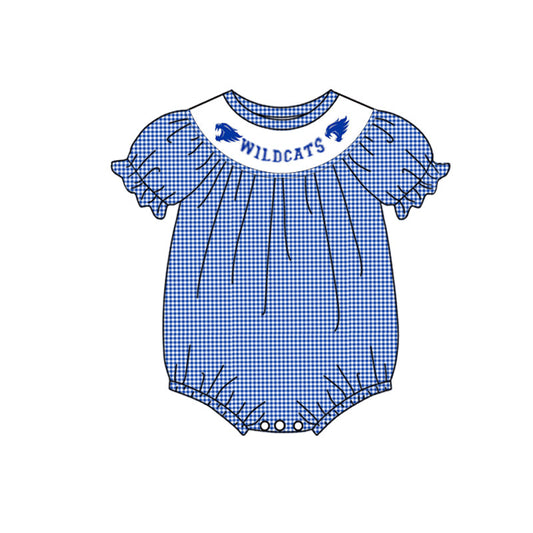 (5MOQ)  Football Team Wildcats Blue Gingham Baby Girls Suit Romper  Pre-order