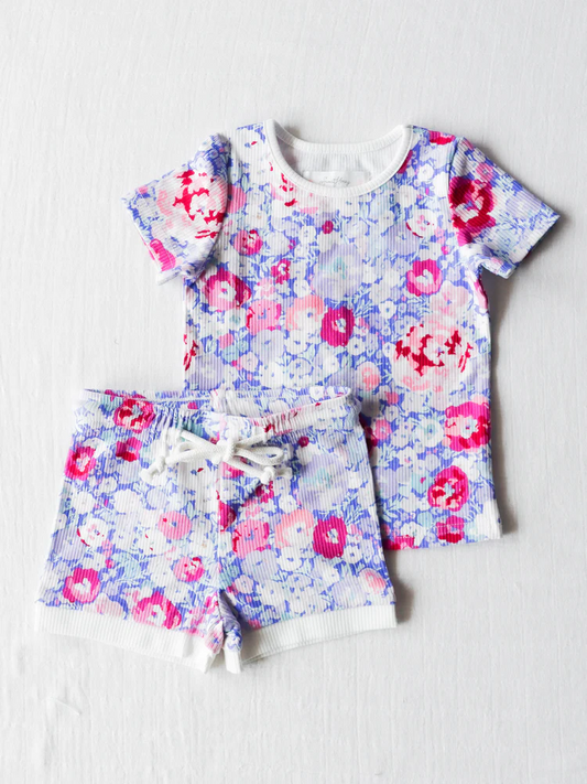 5 MOQ  Kids  Girls Purple Flower Shorts Set
