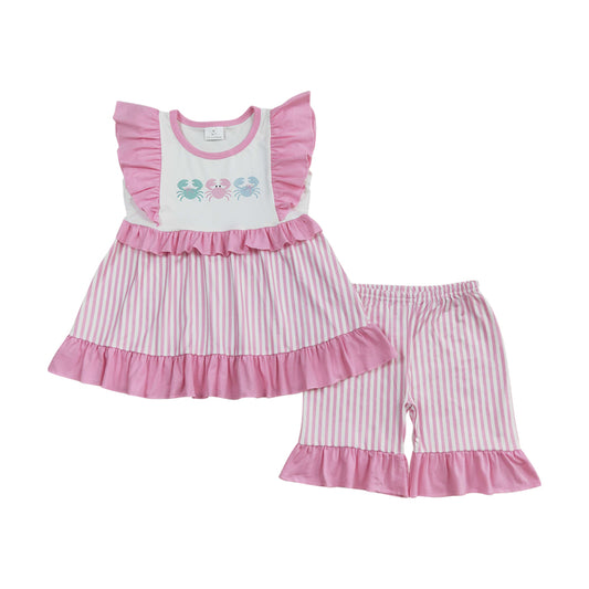 Summer Baby Girls Crab Pink Striped Shorts Set
