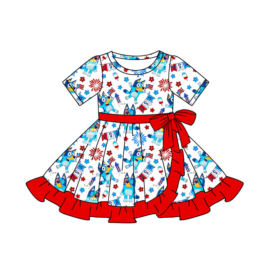 Kids Girls July 4th Cartoon Blue Dog Short Sleeve Dress 3 MOQ Pre-order