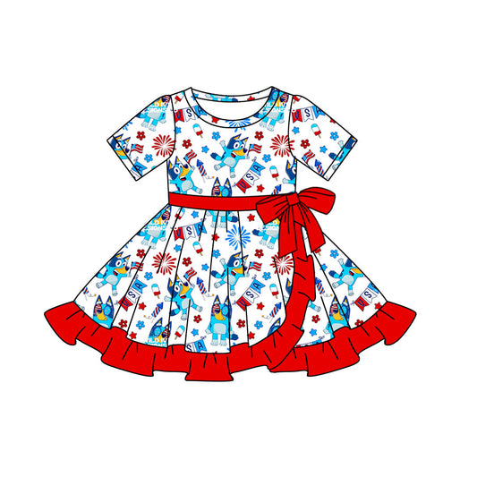 Kids Girls July 4th Cartoon Blue Dog Short Sleeve Dress 3 MOQ Pre-order