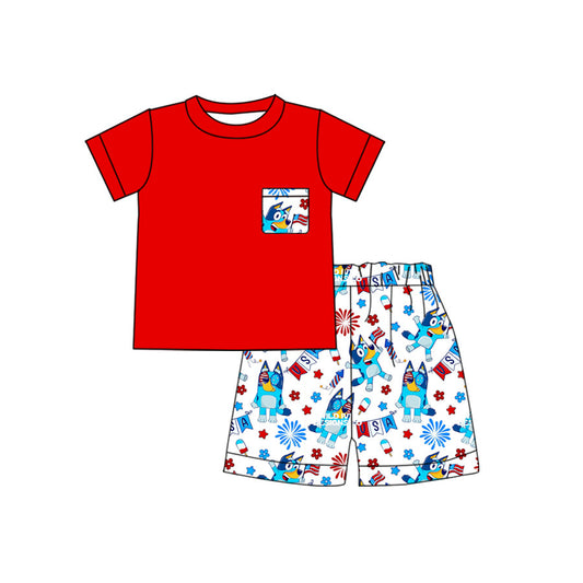 Kids Boys July 4th Cartoon Blue Dog Shorts Sett 3 MOQ Pre-order