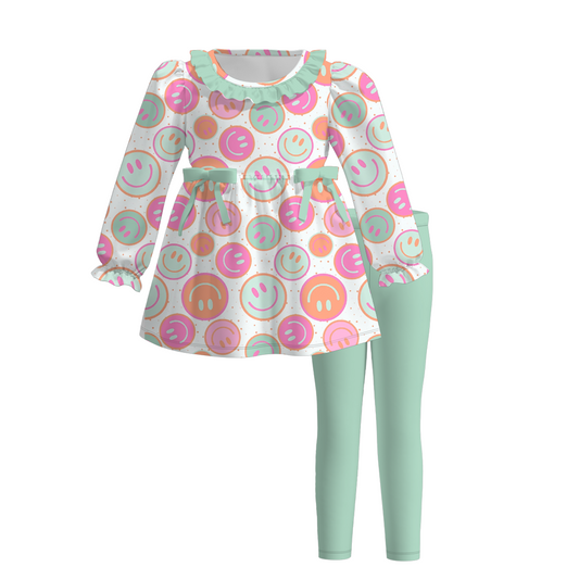 Baby Girls happy Face Tunic Top Green Pants Outfit Preorder 3 MOQ