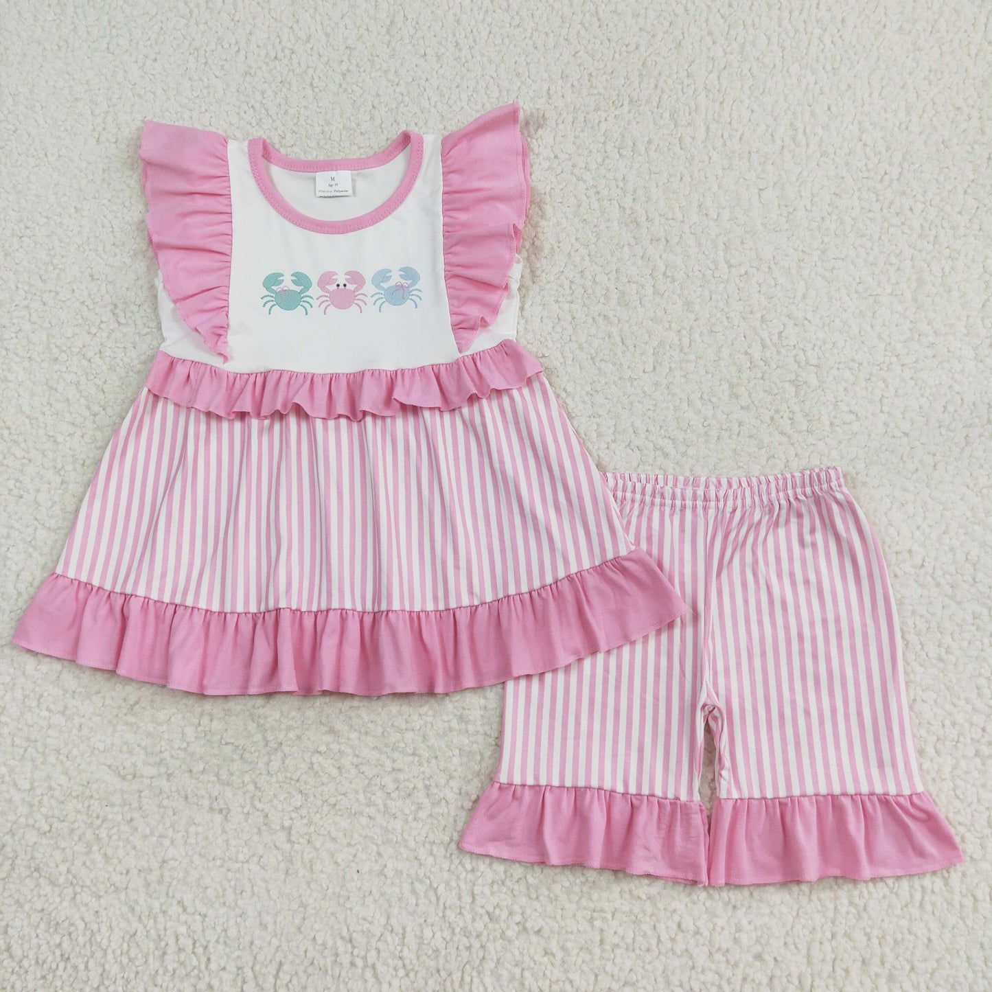 Summer Baby Girls Crab Pink Striped Shorts Set
