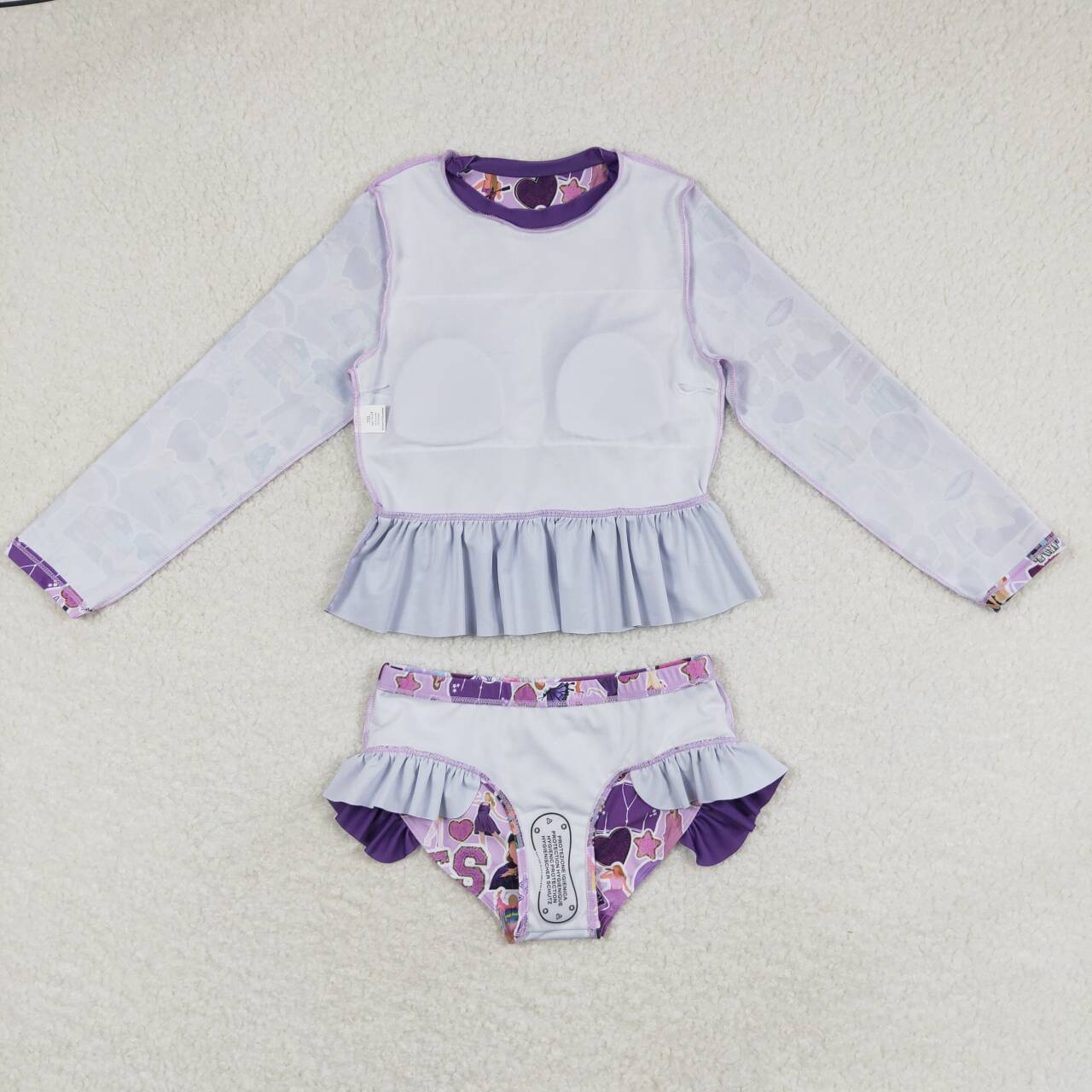S0294 Summer Baby Girls Pop Singer Long Sleeve Purple Two Pieces Swimsuit Set