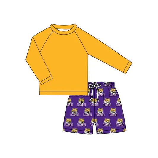 LSU baby boys clothes team summer yellow long sleeve purple shorts swimsuit beach wear 3 MOQ