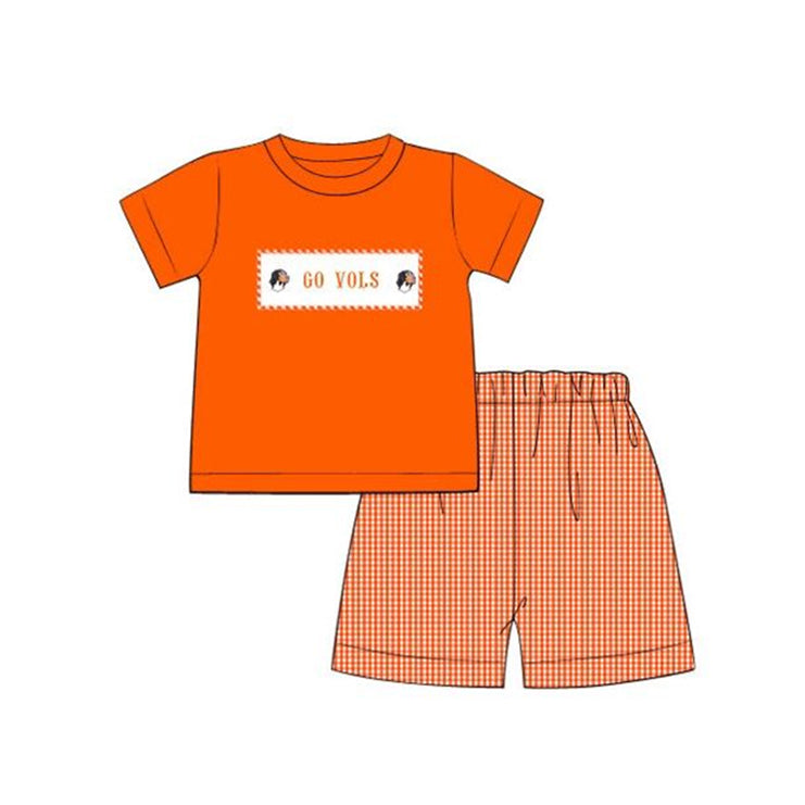 (5MOQ) Baby Boys Fotall Team Dog Orange Gingham Summer Shorts Set Pre-order