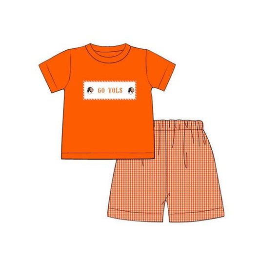 (5MOQ) Baby Boys Fotall Team Dog Orange Gingham Summer Shorts Set Pre-order
