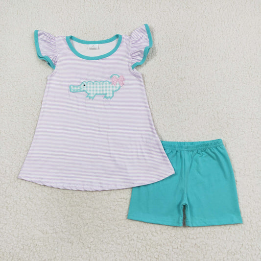 Baby Girls Crocodile Flutter Sleeve Tunic Green Shorts Clothes Sets