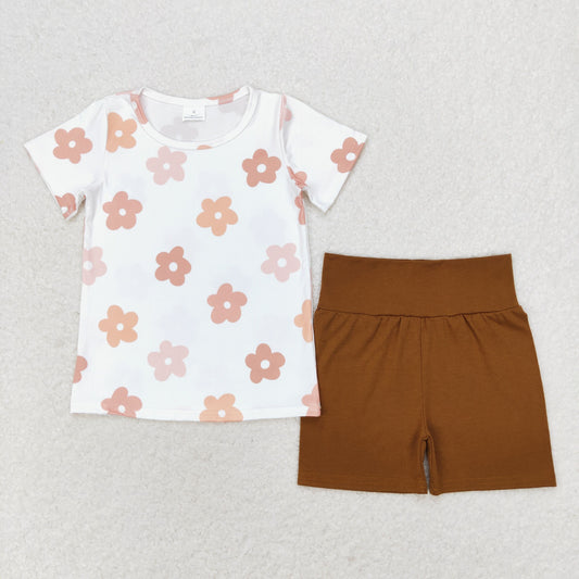 GSSO1371 Baby Girls Flower Top Matching Brown Shorts Set