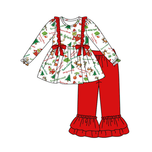 GLP1418 Baby Girls Christmas  Green Face Red Pants Outfit Preorder
