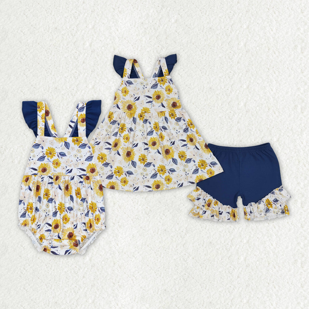 Baby Girls Sibling  Sunflower Floral Outfit and Romper
