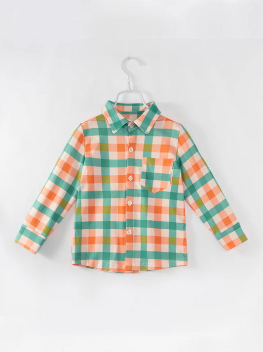 Baby Boys Fall Green Orange Checker Shirt Top Preorder 3 MOQ