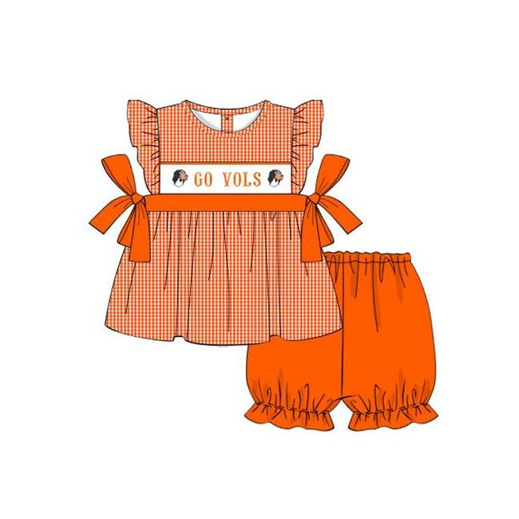(5MOQ) Baby Girls Fotall Team Dog Orange Gingham Summer Shorts Set Pre-order