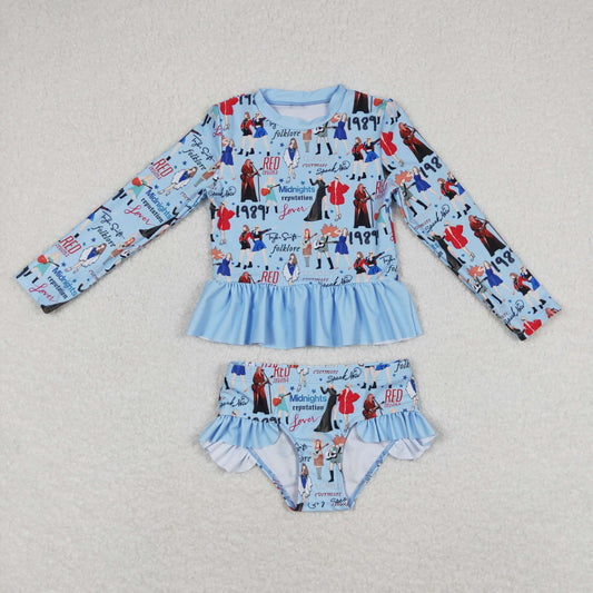 S0295 Baby Girls Pop Singer Long Sleeve Blue Color Two Pieces  Swimsuit  Set