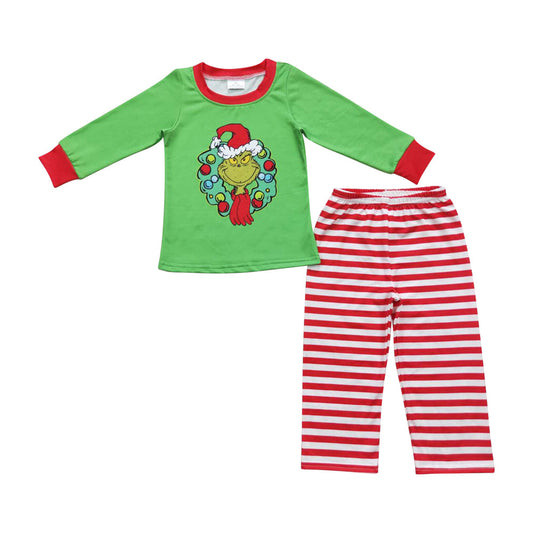 BLP0289 Baby Boys Christmas Green Face Top Red Striped Pants Pajamas Set
