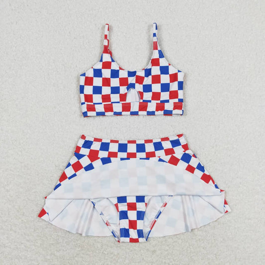 S0287 Baby Girls July 4th Red Blue Checker Two pieces Swimsuits