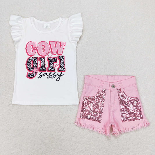 Cow Girl Sassy Top Pink Denim Sequin Shorts Outfit