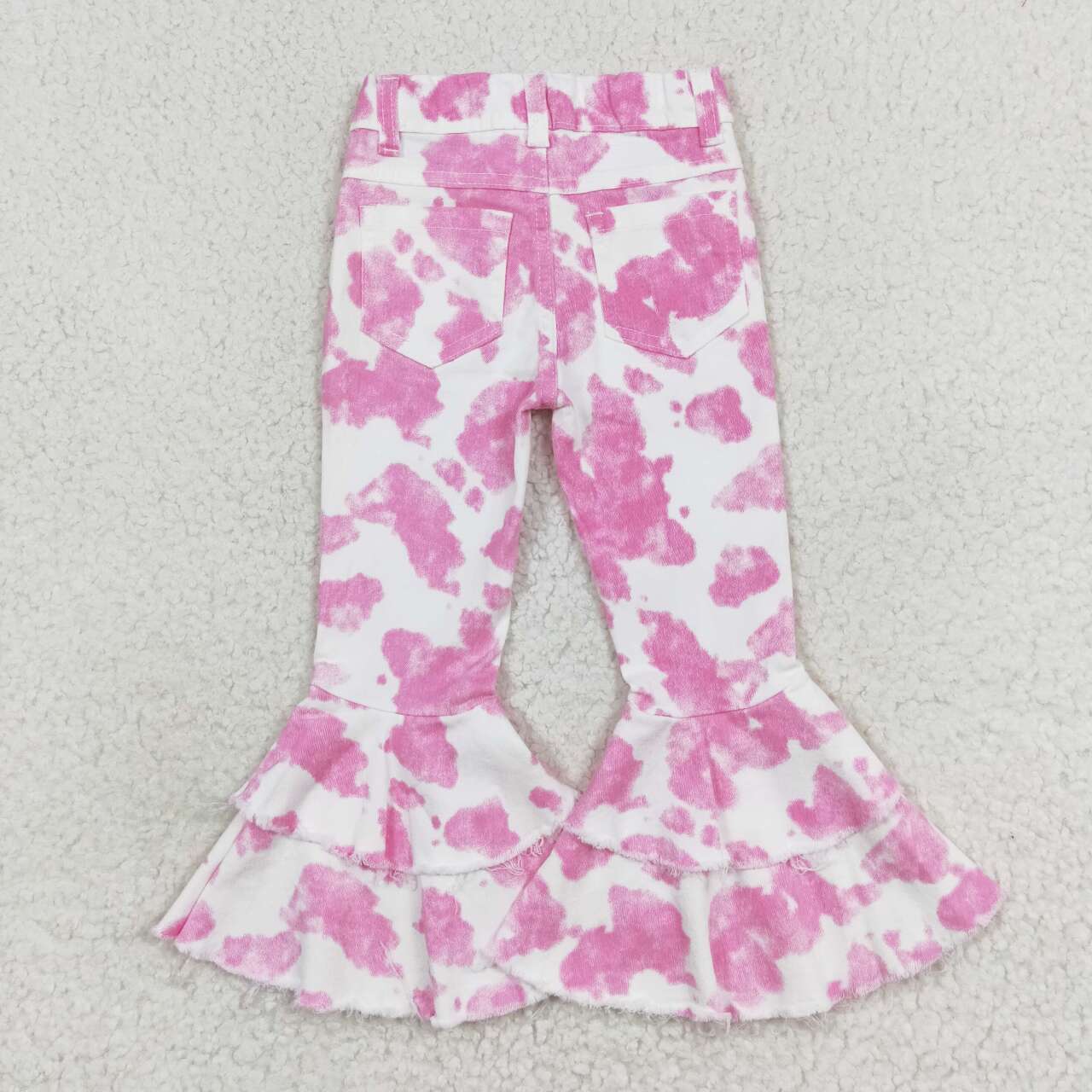 Baby Girls Pink Cow Double Ruffle Bell Flare Denim Pants
