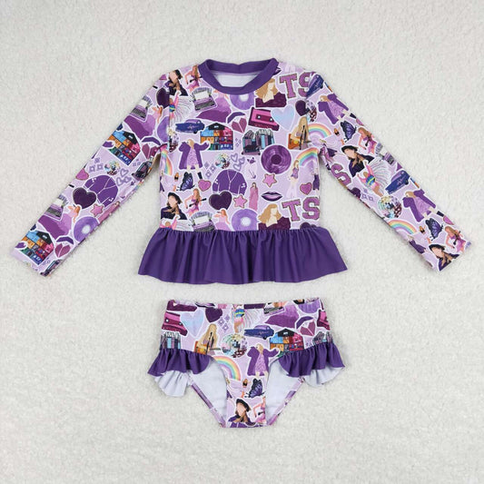 S0294 Summer Baby Girls Pop Singer Long Sleeve Purple Two Pieces Swimsuit Set