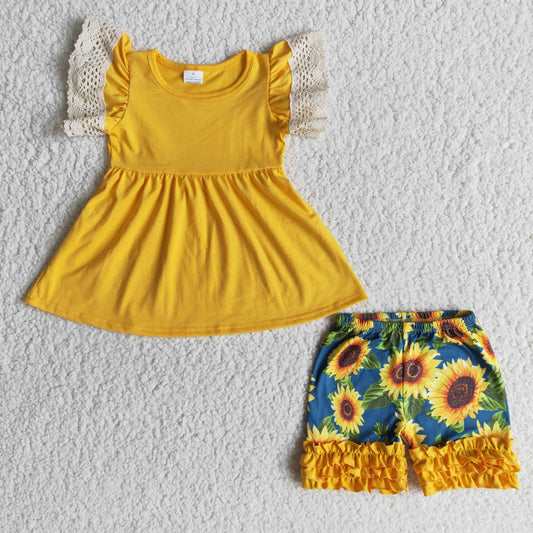 Summer Girls Yellow Top Sunflower Shorts Set A10-24