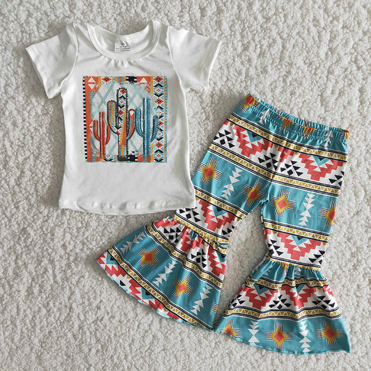 A11-15 Country Baby Girls Western Rustic Cactus Bell Bottom Pants Outfit