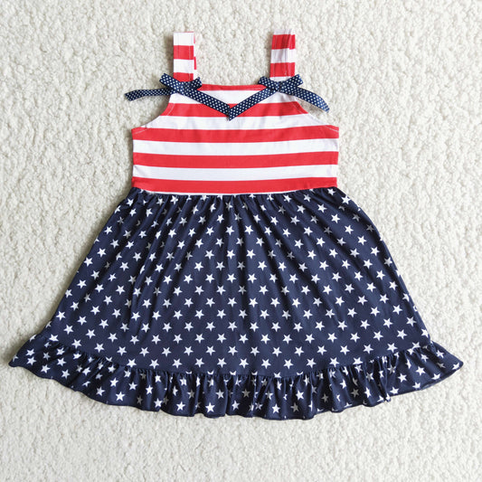 A14-10 4th Of July Striped Sleeveless Dress  With Bow