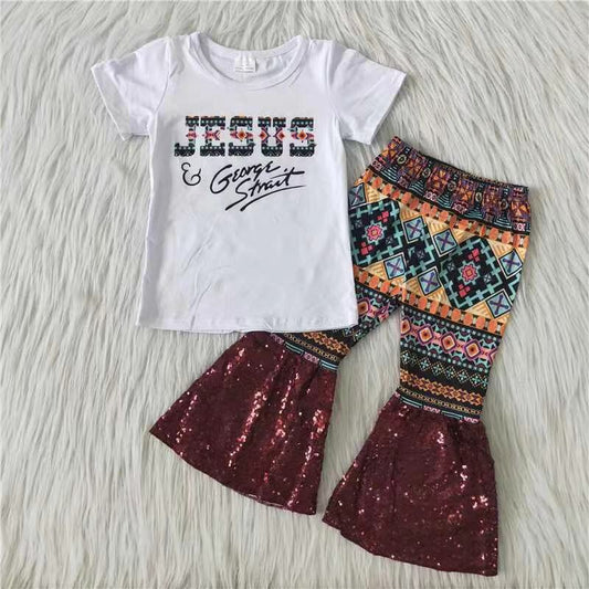 A3-9 Jesus Sequin Ruffle Pants Outfit For Baby Girls