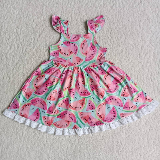 A9-10 Summer Baby Girls Watermelon Dress With Lace Ruffle
