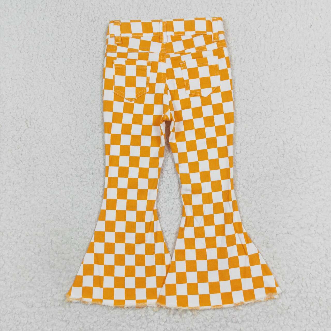 Kids Girls Orange Checker Denim Bell Bottom Pants