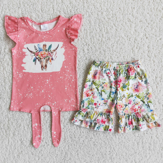 B16-1 Summer Baby Girls Western Flower Shorts Set