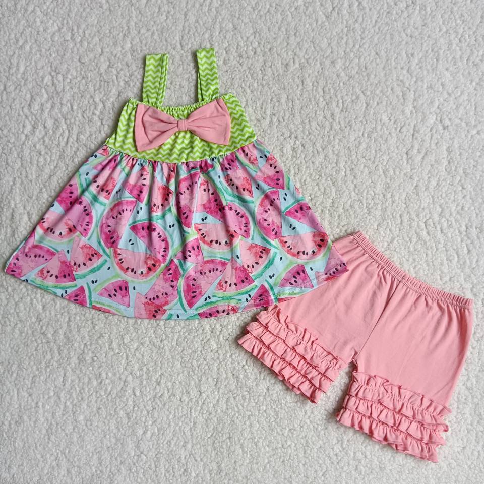 Summer Baby Girls Watermelon Top Pink Icing Shorts Outfit