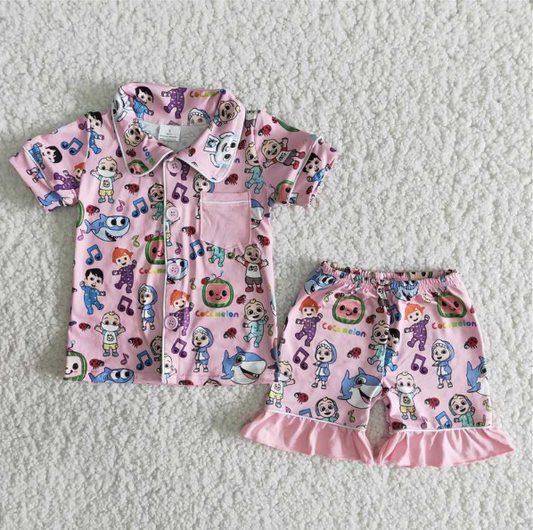 Summer Baby Girls Cartoon Pink Shorts Pajama Set