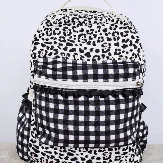 BA0216 Baby Girls Black Leopard Gingham Backpack School Bag Pre-order