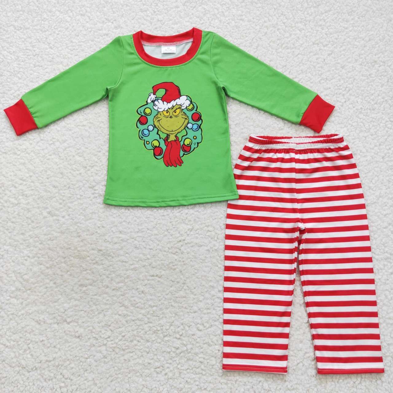 BLP0289 Baby Boys Christmas Green Face Top Red Striped Pants Pajamas Set