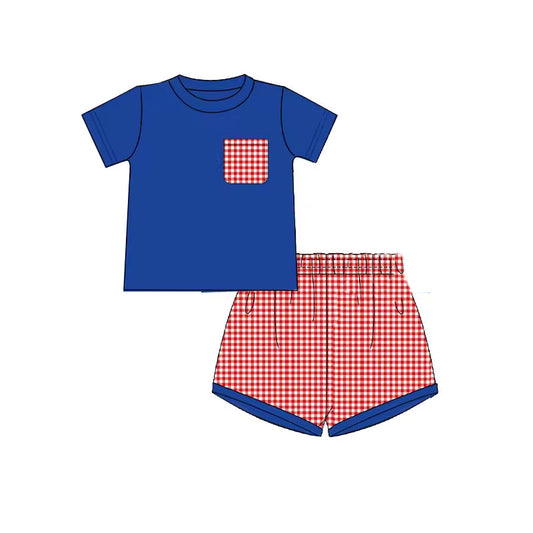 BSSO0803 July 4th Navy Top Red Ginghim Shorts Boys Shorts Set Preorder