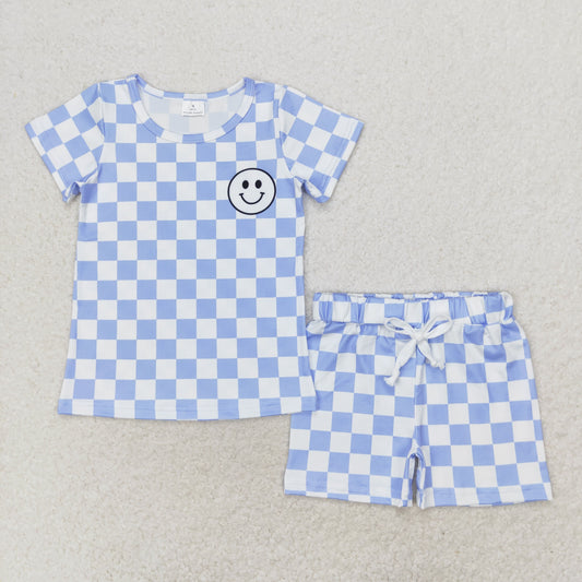 BSSO0974 Baby Boys Happy Face Blue Checker Shorts set