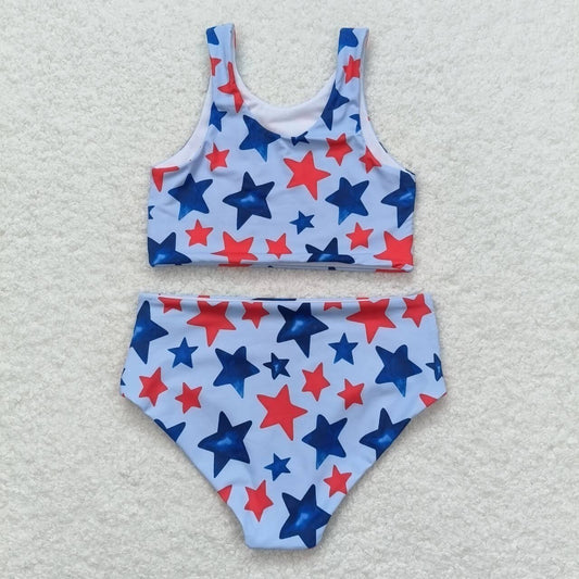 S0228 Baby Girls July 4th Red Blue Stars Swimsuit Set