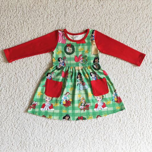 GLD0048 Kids Girls Christmas Green Dress With Pocket